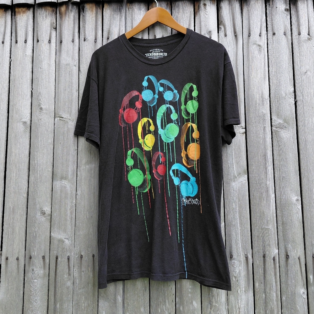 Vintage 90s Marc Ecko black dripping headphones urban graphic tshirt Mens L